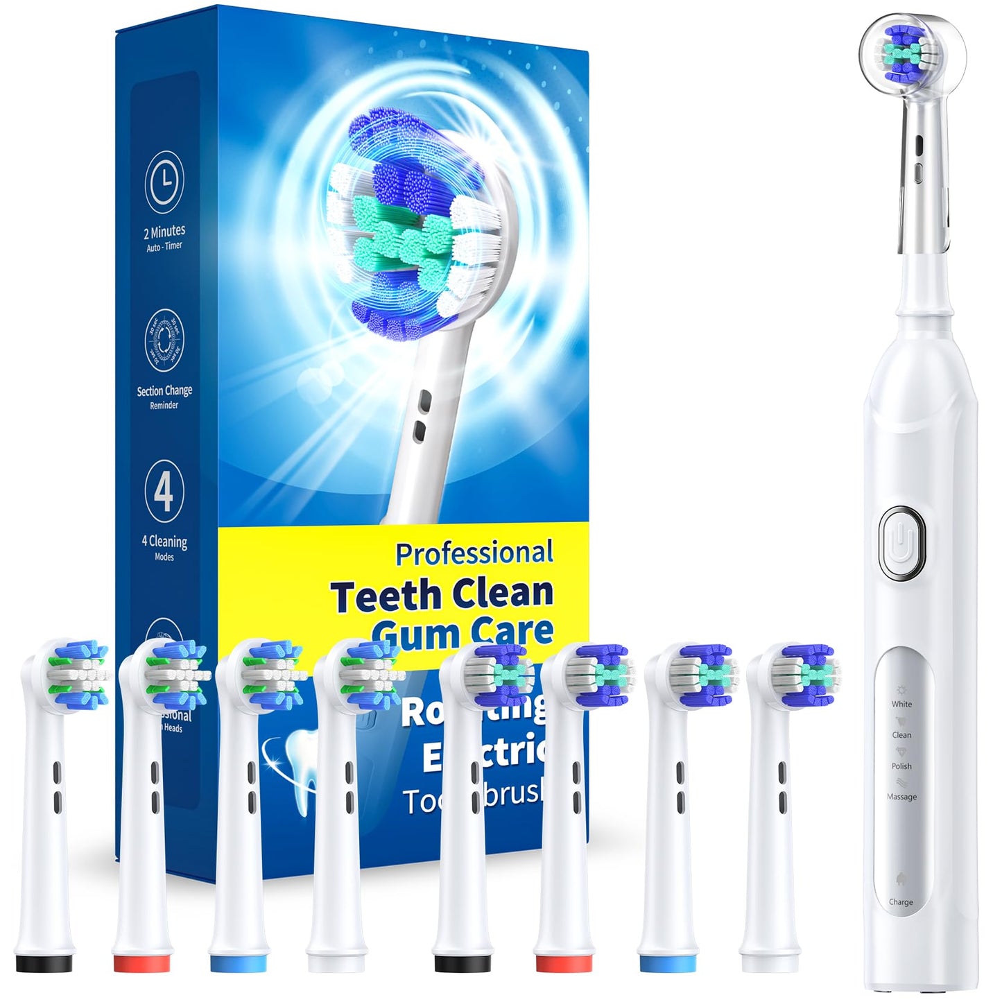 TEETHEORY Rotating Electric Toothbrush for Adults with 8 Brush Heads (2 Types), 4 Modes Deep Clean Electric Toothbrush with Rechargeable Power and 2 Min Smart Timer