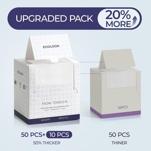 ECOLOOK Disposable Face Towels - XL 60 Count Ultra Soft & Thick 10"x12" for Sensitive Skin