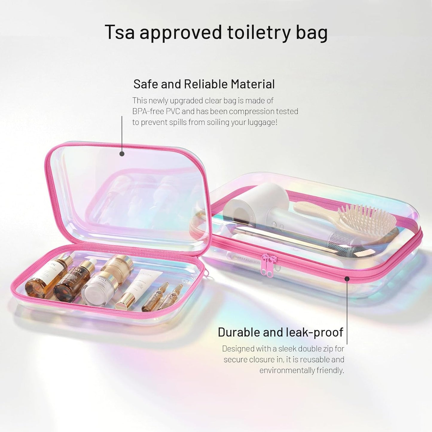 Skiennix Clear Hard Shell Zipper Case - Iridescent Makeup & Toiletry Bag Set | 2pcs Large Capacity, Water-Resistant
