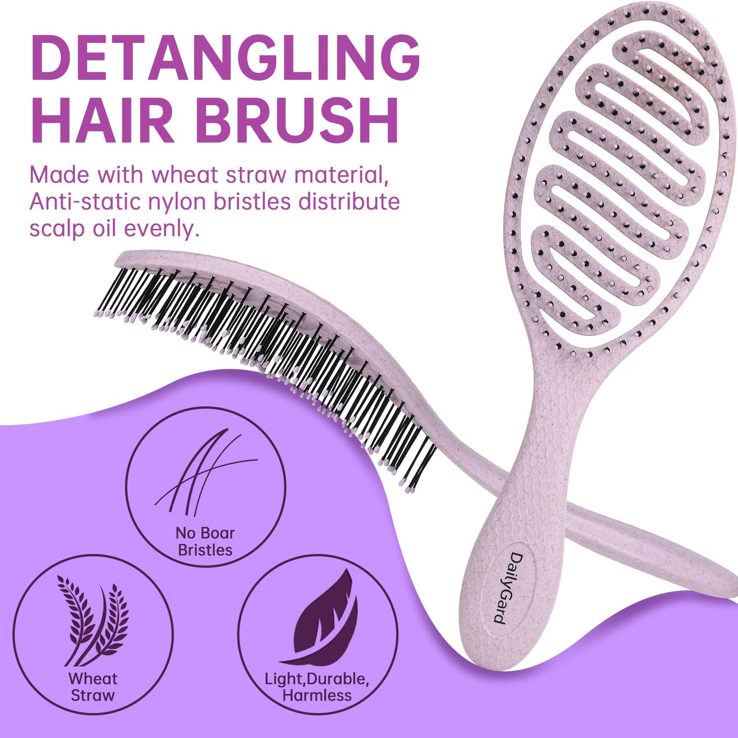 Daily Gard Detangling Brush, Dry and Wet Vented Detangler Hair Brush for Women and Men, Paddle Quick Drying Hairbrush for Wet/Dry/Curly/Thick/Long/Wavy/Damaged Hair, Purple