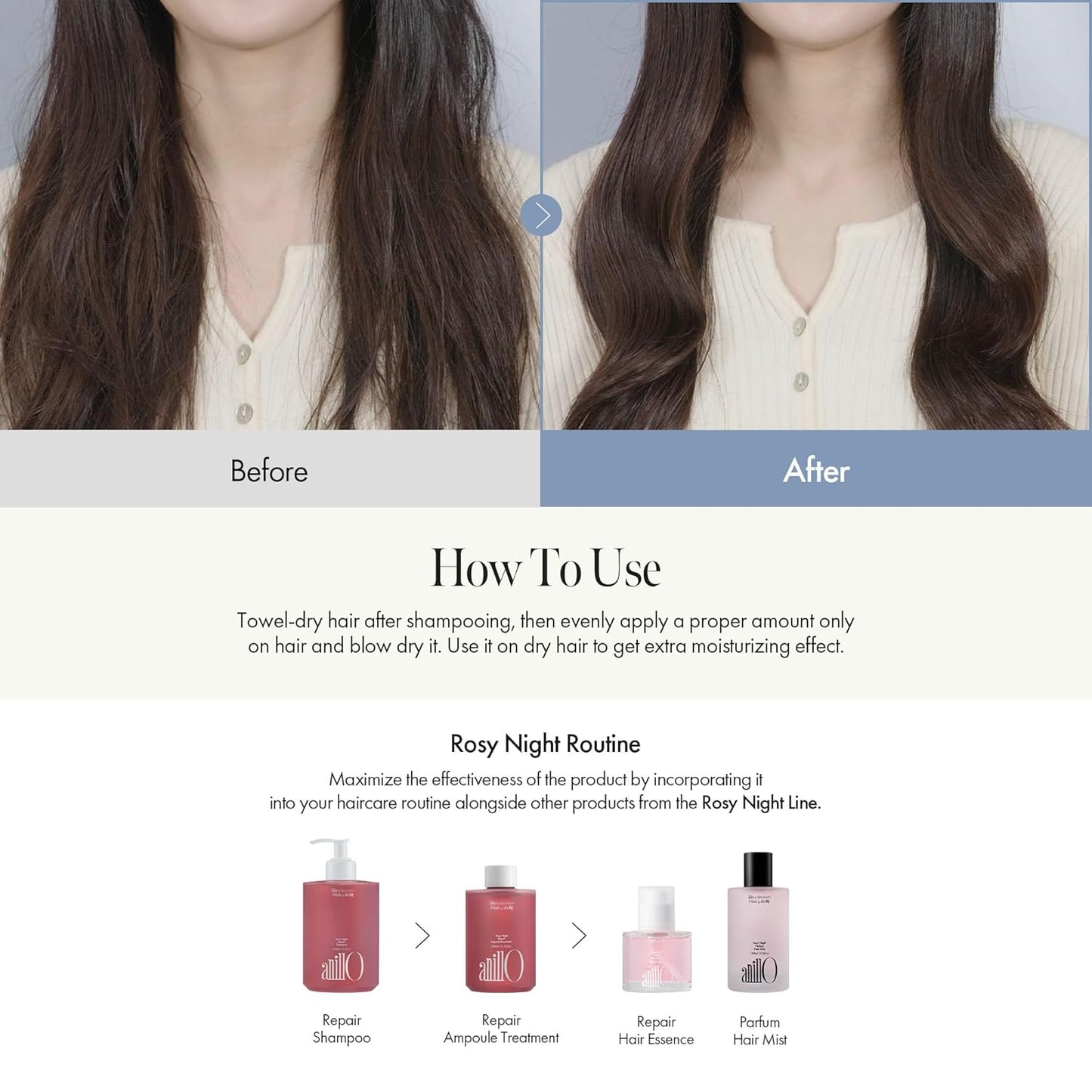 ANILLO Rosy Night Repair Hair Essence - Damask Rose Extract & Peptide Complex for Dry, Frizzy Hair | Vegan, 50ml