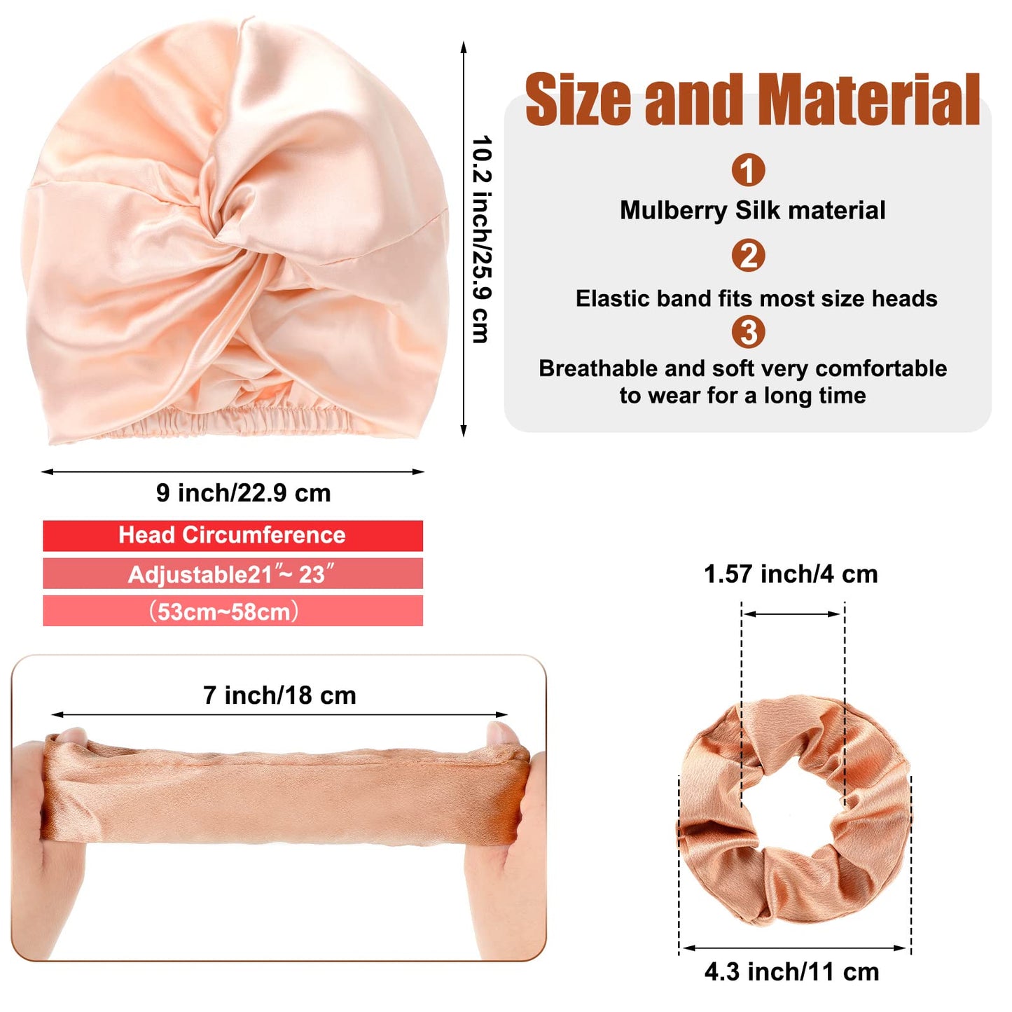 6 Pieces Silk Cap Silk Pillowcase Set, Silk Sleeping Bonnet Silk Hair Wrap Silk Pillow Cases Silk Hair Scrunchies Silk Hair Ties Elastic Silk Ponytail Holders for Women Girls (Rose Gold, Pink)