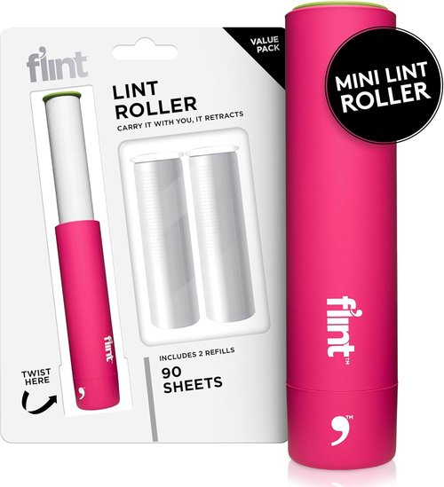 Flint Classic Mini Lint Roller - Portable Pink Design with 90 Extra Sticky Sheets | Ideal Pet Hair Remover