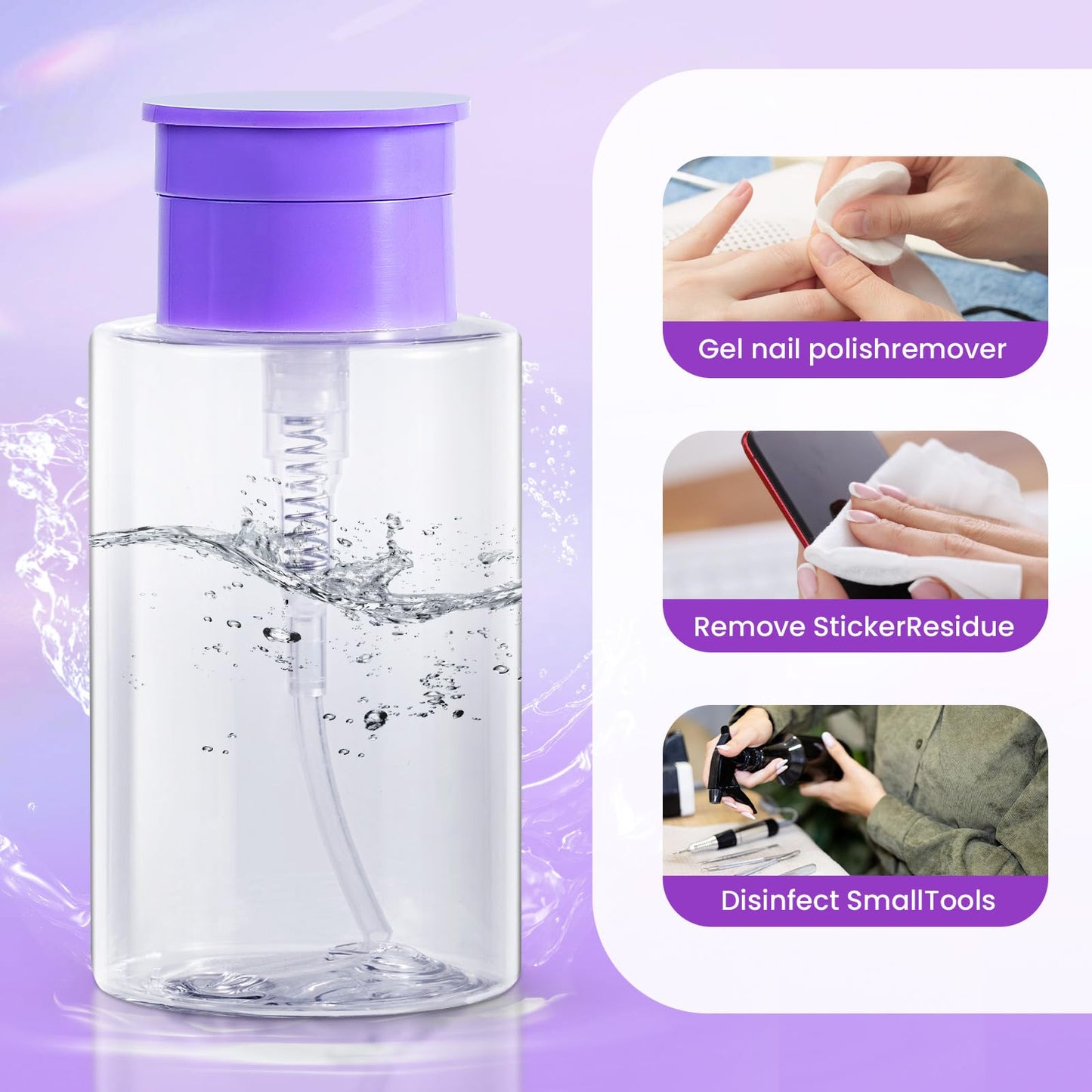 Push Down Pump Dispenser Bottles: Refillable Liquid Containers for Alcohol, Nail Polish Makeup Remover, Salon, Hospital, Travel Use, Purple+Clear