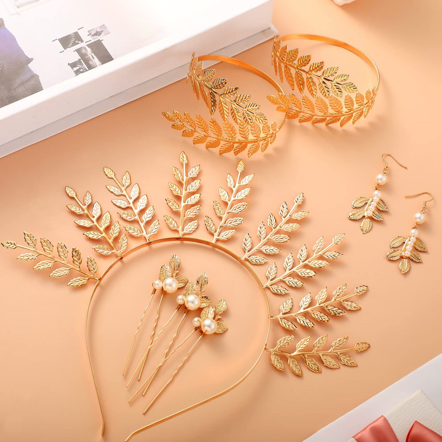 WILLBOND 15 Pieces Greek Goddess Costume Accessories Women Toga Golden Leaves Bridal Crown Headband Bracelet Pearl Earrings and Hair Pins(Elegant Style)