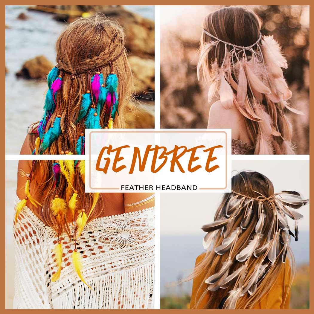 GENBREE Boho Feather Headband Gypsy Headpiece Bohemian Hippie Headbands Indian Hair Band Long Feather Hair Accessories for Women (Pattern 3)