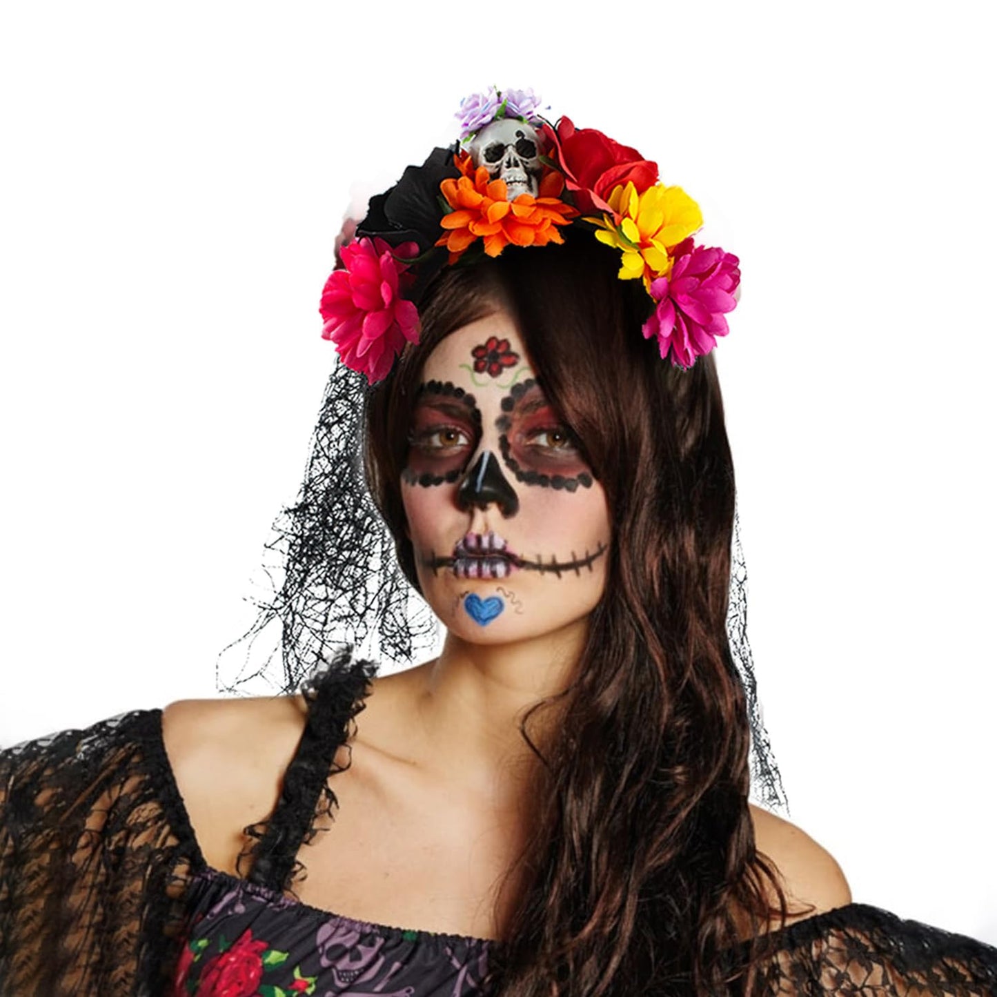 Bubbmi Mexican Flower Crown Headband with Black Veil, Day of the Dead Headpiece, Halloween Easter Festival Headwear with Skull, Dia De Los Muertos Hairhoop