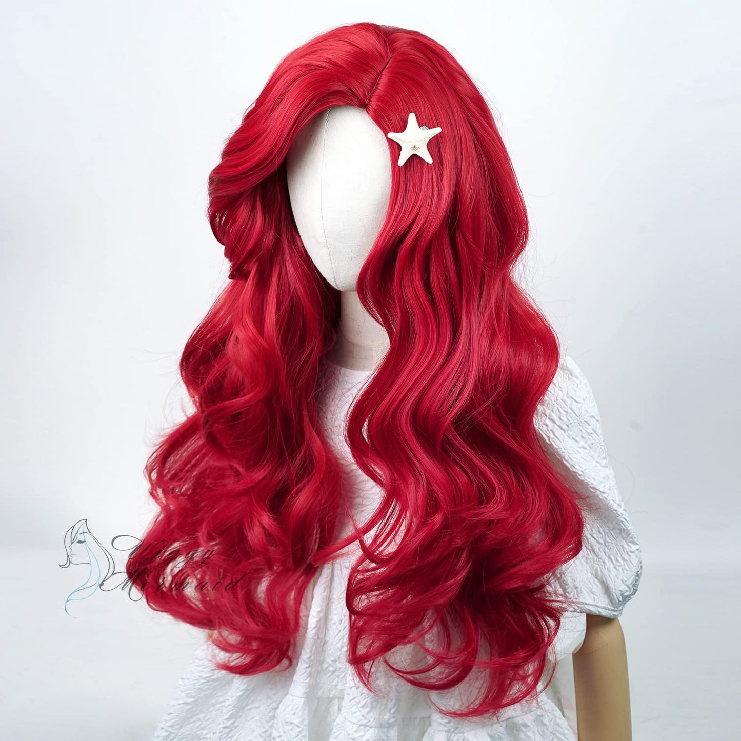 Wiggy Mermaid Wig + Starfish Hairpin for Kids Burgundy Long Curly Wavy Cosplay Wigs with Bangs Halloween Party Costume Heat Resistant Wig + Wig Cap