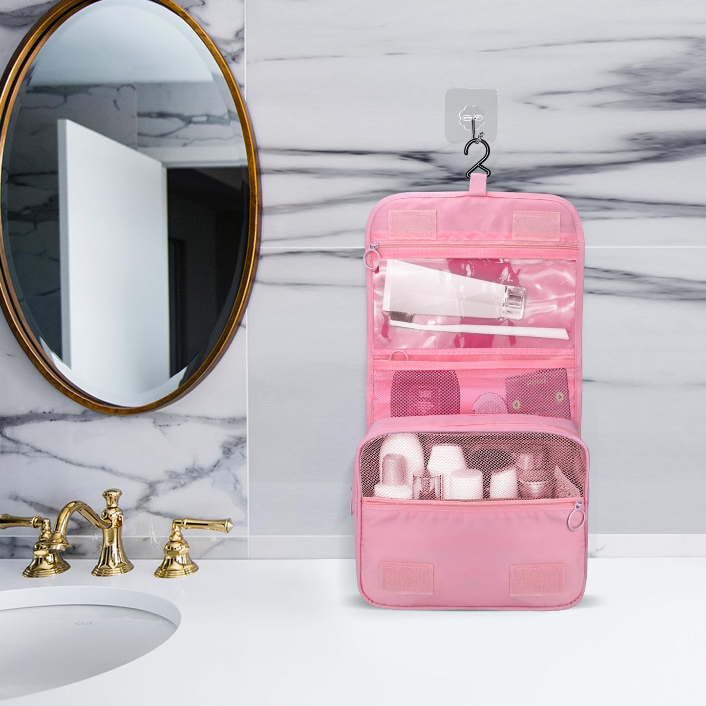 Lcsmaokin Large Capacity Toiletry Bag Travel Bag with Hanging Hook for Men and Women Waterproof Travel Cosmetic Bag Bathroom Storage Bag for Brushes Set, Full-Sized Shampoo,Accessories(Pink)