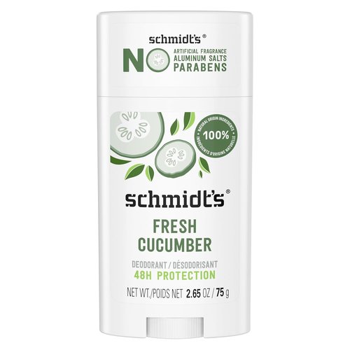 Schmidt's Aluminum-Free Vegan Deodorant - Fresh Cucumber Scent | 24-Hour Odor Protection, 2.65 oz