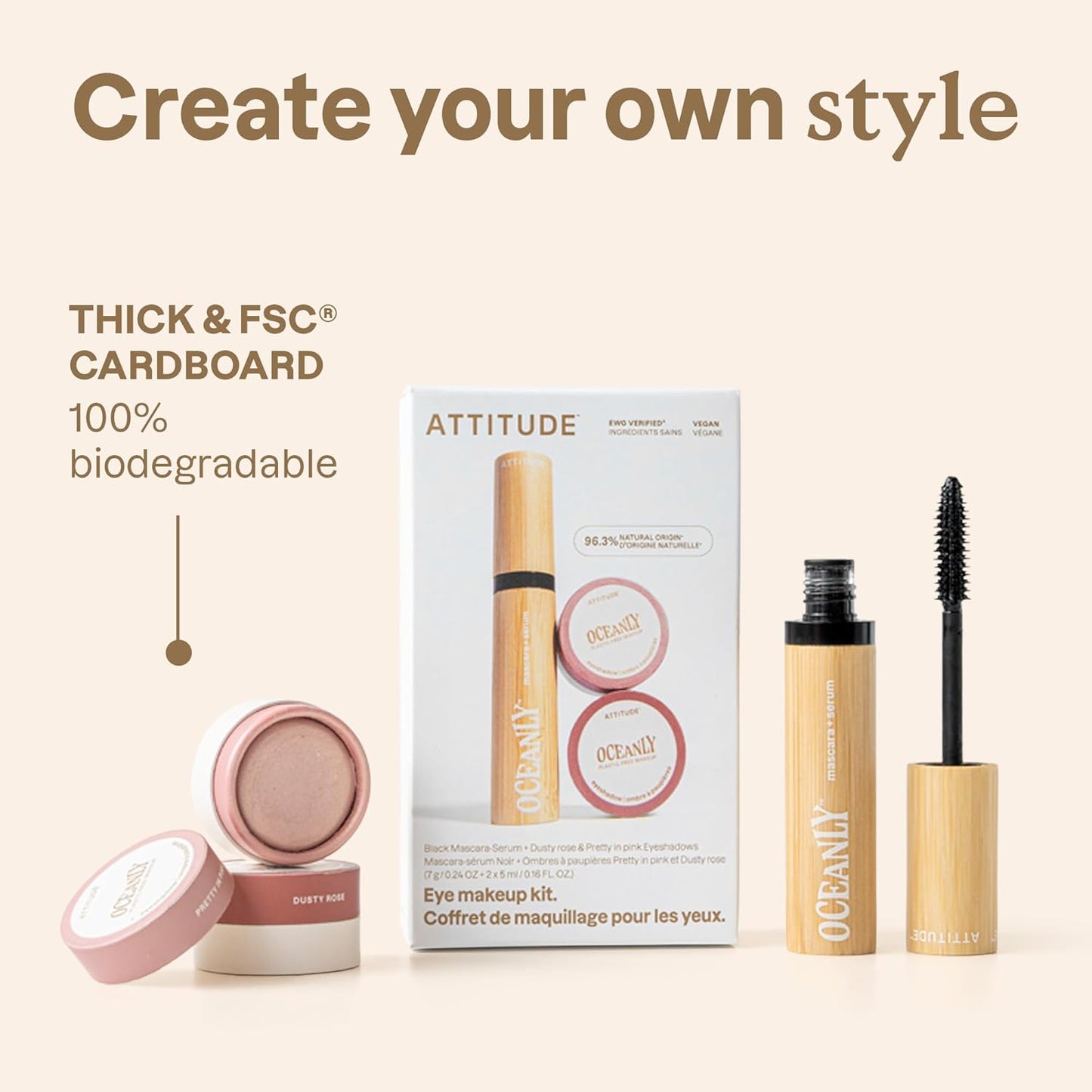 ATTITUDE Oceanly Pink Makeup Set - EWG Verified Eyeshadow & Lash Serum Mascara | Vegan Beauty, 3-Piece Set
