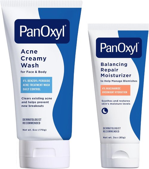 PanOxyl Acne Wash & Moisturizer Duo - Creamy 4% Benzoyl Peroxide Cleanser & 4% Niacinamide Repair Cream