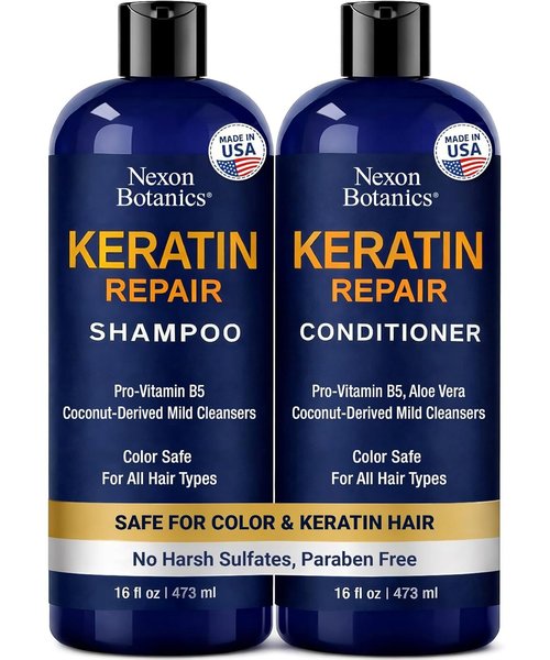 Nexon Botanics Keratin Shampoo & Conditioner Set - Strengthening & Smoothing for Dry, Damaged Hair - 16 fl oz Each