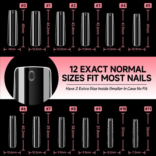 UNA GELLA Extra Long Tapered Sqaure Nail Tips Full Cover 504pcs No C Curve Clear Gel Nail Tips XXL Long Straight Nails Tips Acrylic Nails Square Gel Nails for DIY Nail Art 12 Sizes