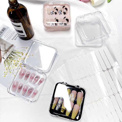 12pcs Press on Nail Storage Box with 60 Pcs Adhesive Double Sided Tape Clear Acrylic Nail Display Box Artificial False Nail Box Organizer Fake Nail Case Transparent Nail Packaging Boxes for Nail Salon
