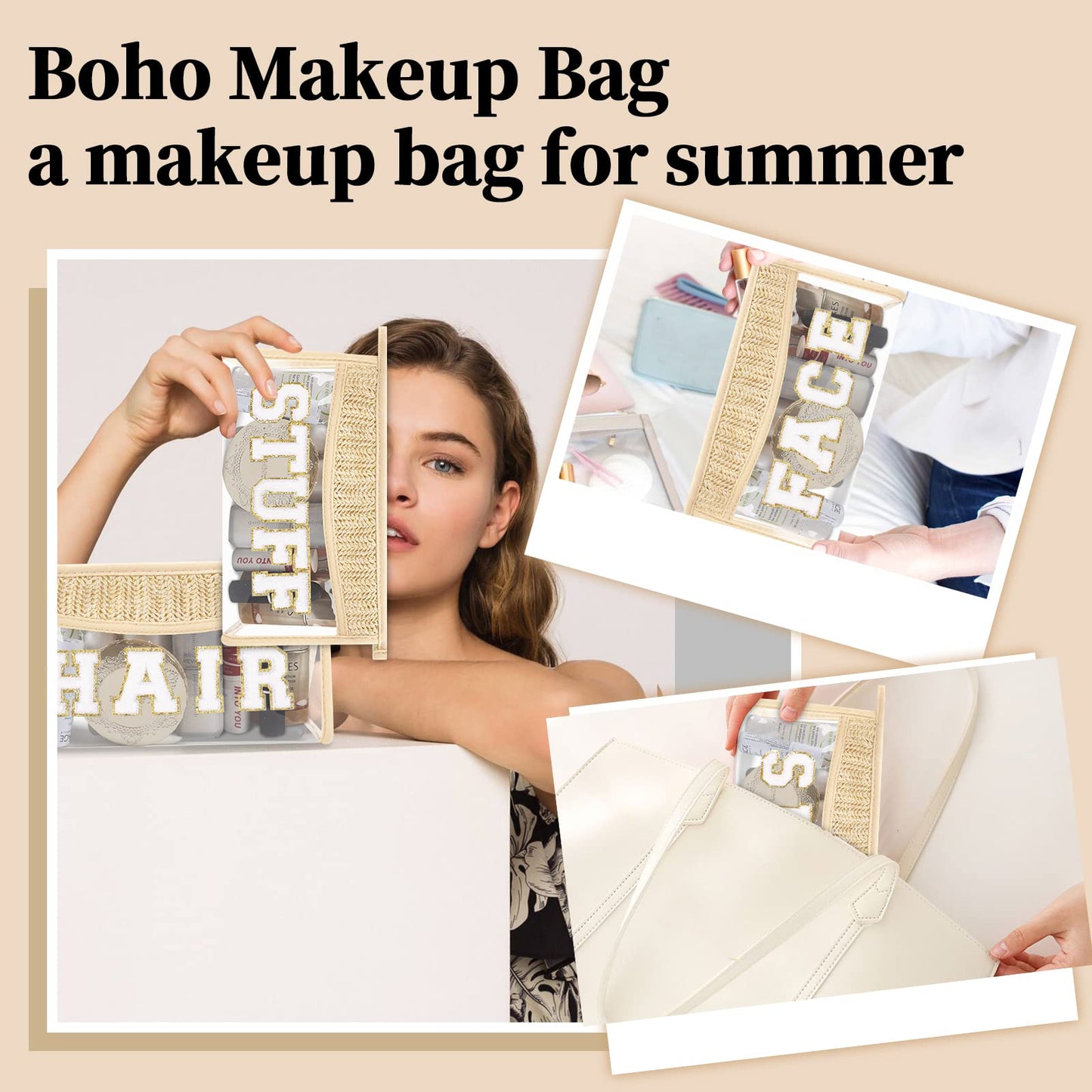 Small Boho Straw Clear Stuff Makeup Bags for Women&Girls, Zipper Cosmetic Bag Chenille Varsity Letter Patch Bag, Preppy Cute Toiletry Pouch, Trendy Organizer Storage Bag for Beach Travel Essentials