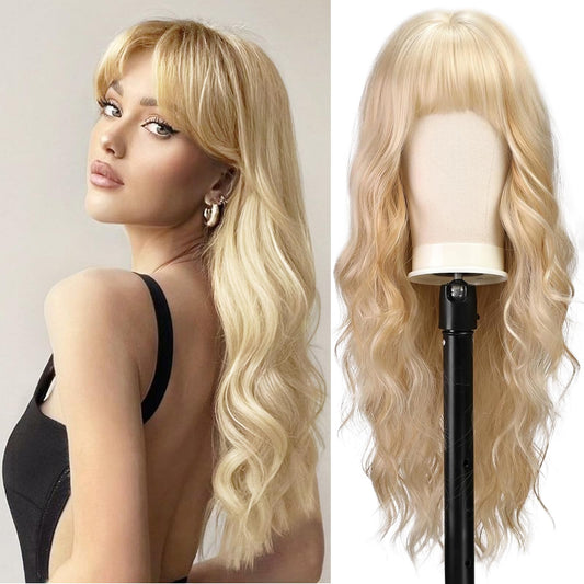 BARSDAR Long Blonde Wig With Bangs - 26 Inch Long Wavy Wig with Bangs for Women - Synthetic Blonde Hair Wigs Natural Looking Daily Cosplay Party Halloween Wig - Blonde