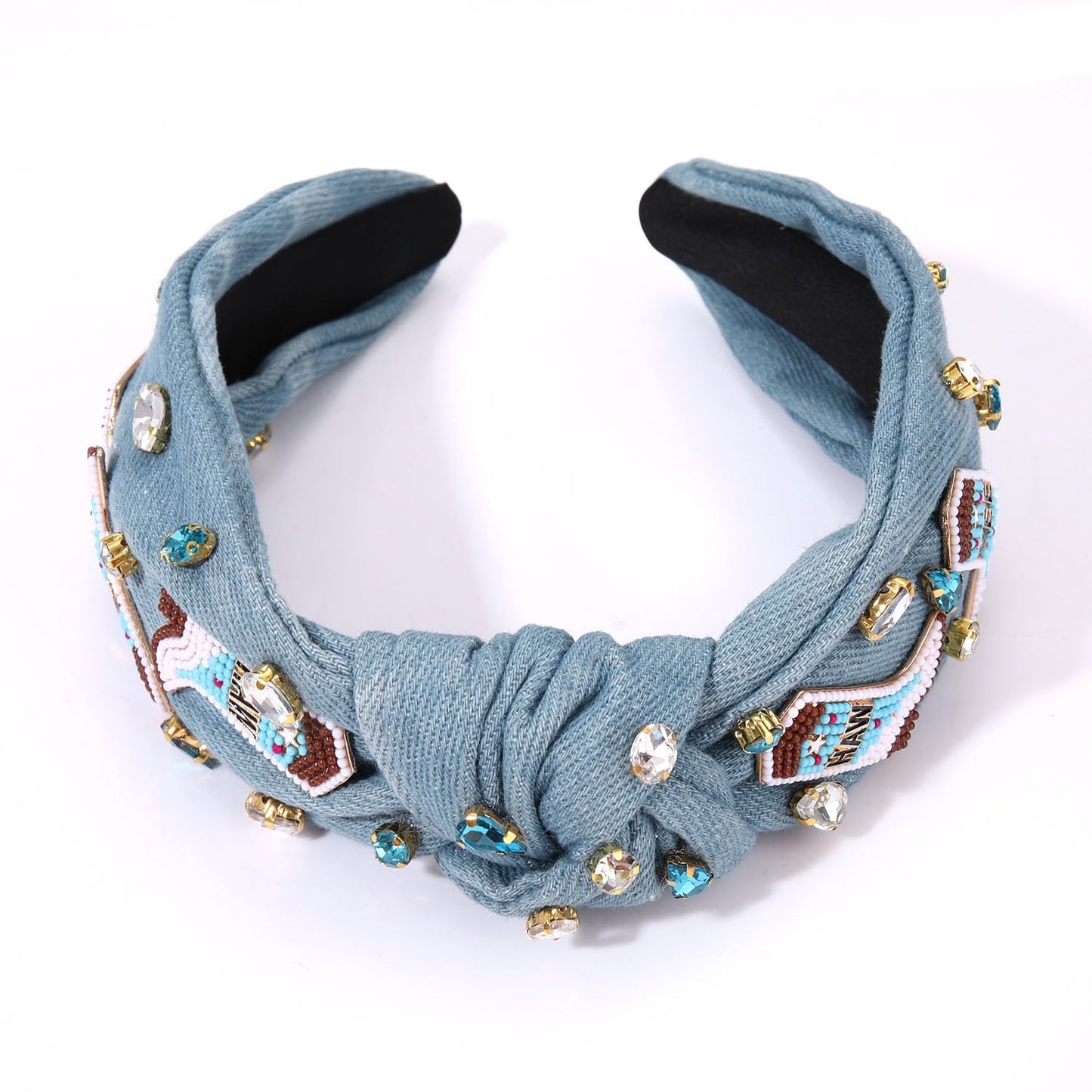 Western Cowgirl Headband Accessories for Women Cowgirl Cowboy Boot Embellished Headband Rhinestone Crystal Pearl Top Knot Headband Rodeo Nashville Bachelorette Party Country Concert Outfit (Blue)