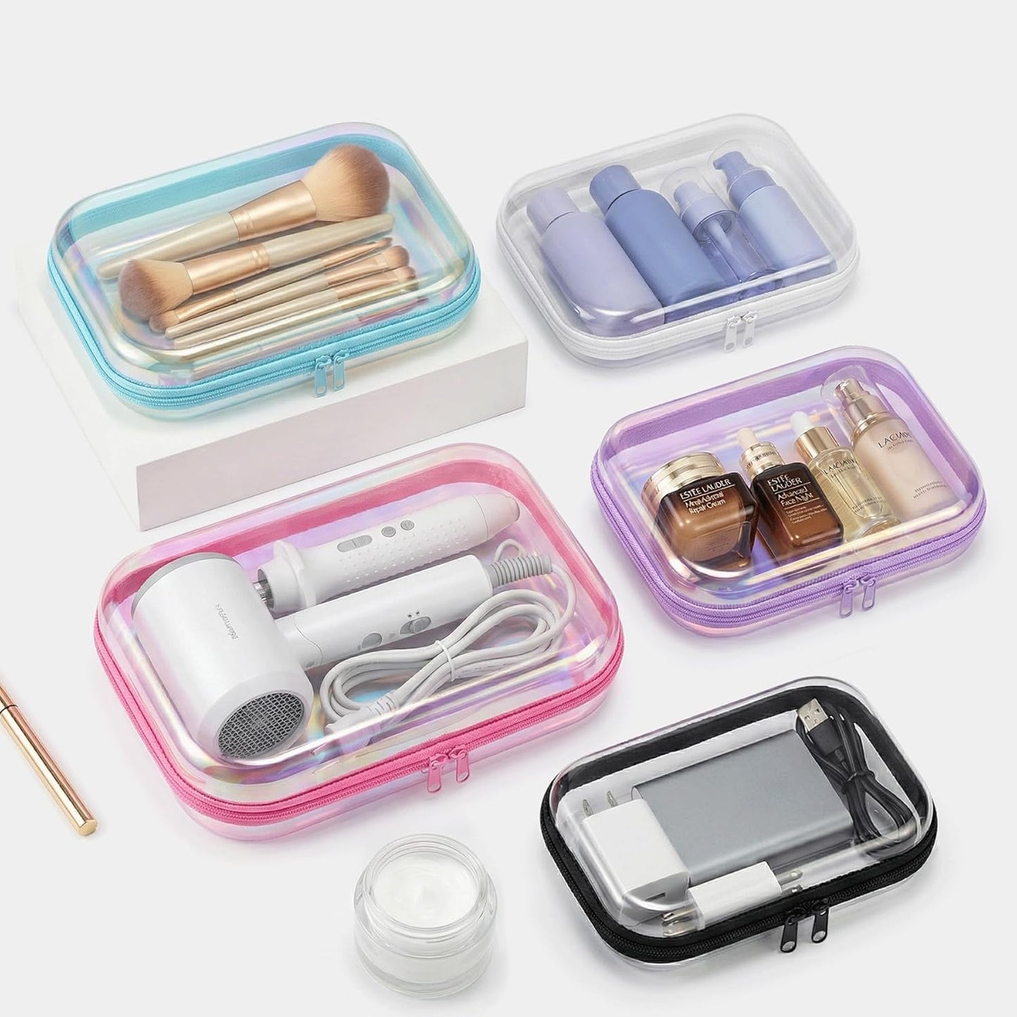 Skiennix Clear Hard Shell Zipper Case - Iridescent Makeup & Toiletry Bag Set | 2pcs Large Capacity, Water-Resistant