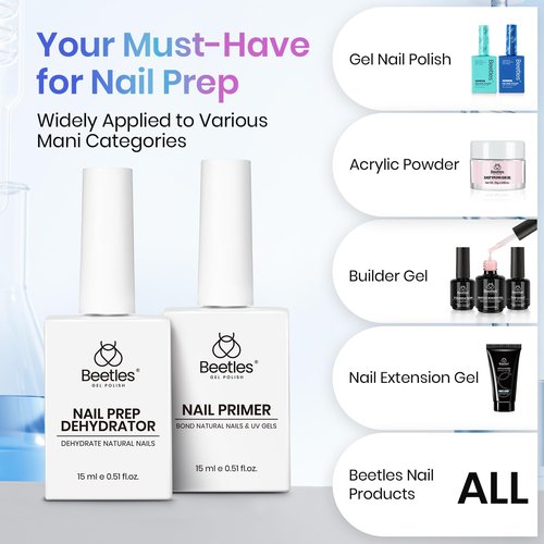 Beetles Nail Dehydrator and Primer Acid Free and Hema-Free Natural Prep Dehydrate and Bond Primer Fast Dry Nail Supplies 15ml 2Pcs Professional Salons Set