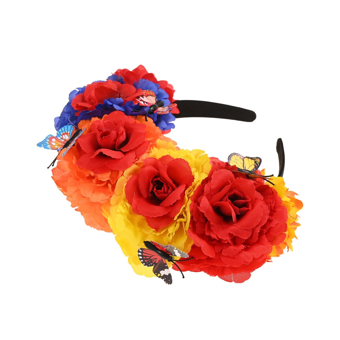 Fleursun Mexican Flower Crown Frida kahlo Headband Dia De Los Muertos Flower Crown Halloween Party Costume Headpiece (Red yellow orange blue)