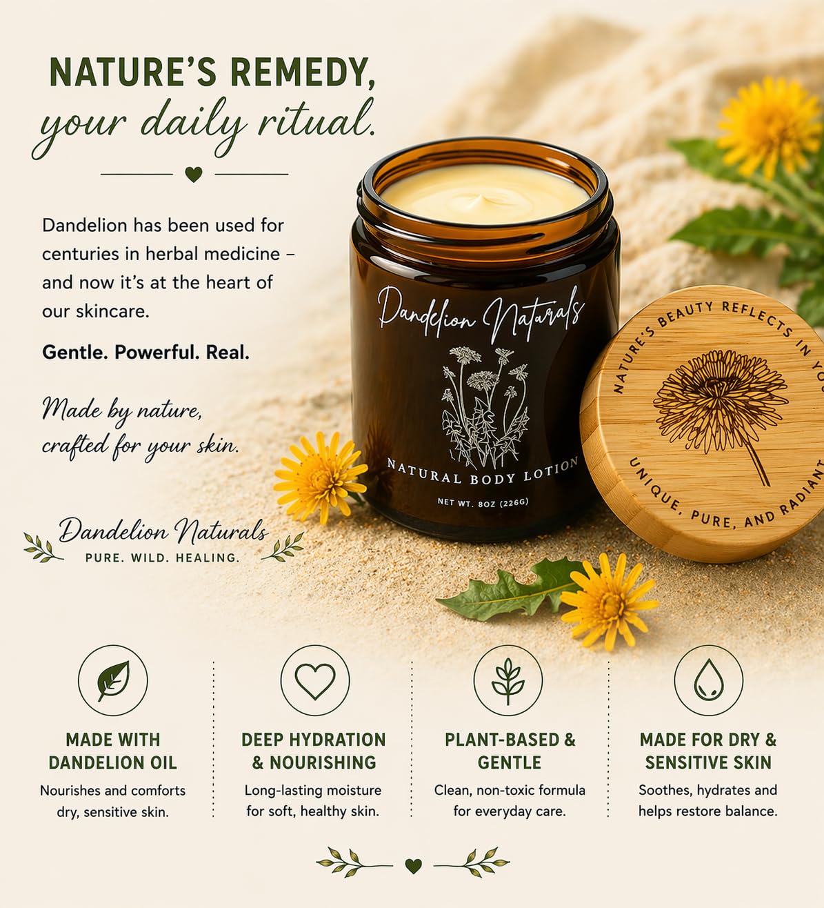 Skiennix Body Lotion - Deep Hydrating Botanical Moisturizer with Dandelion Oil | 8 oz for Dry & Sensitive Skin