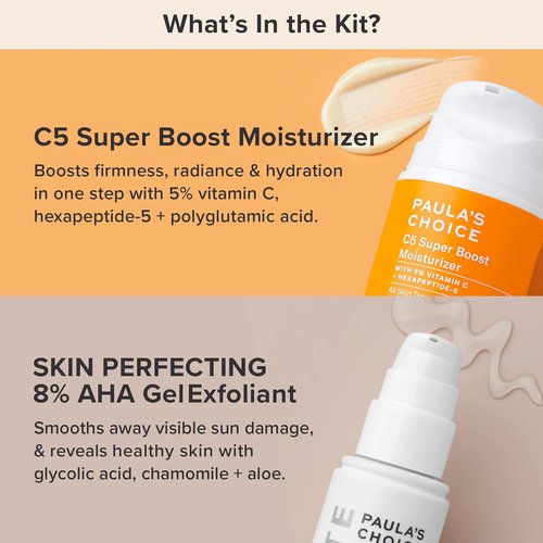 Paula's Choice AHA Gel Exfoliant & C5 Super Boost Moisturizer Duo - 8% Glycolic Acid, 5% Vitamin C, Fragrance-Free for Sun Damage & Uneven Skin Tone