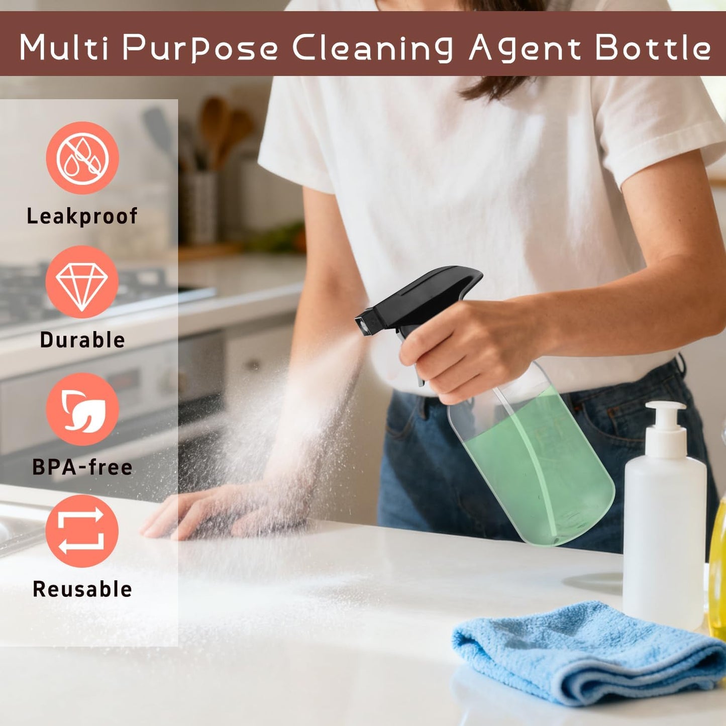 Skiennix 500ml Clear Boston Round Spray Bottles - Adjustable Nozzle for Fine Mist | Reusable Plastic Containers for Cleaning, Hair Care, Gardening