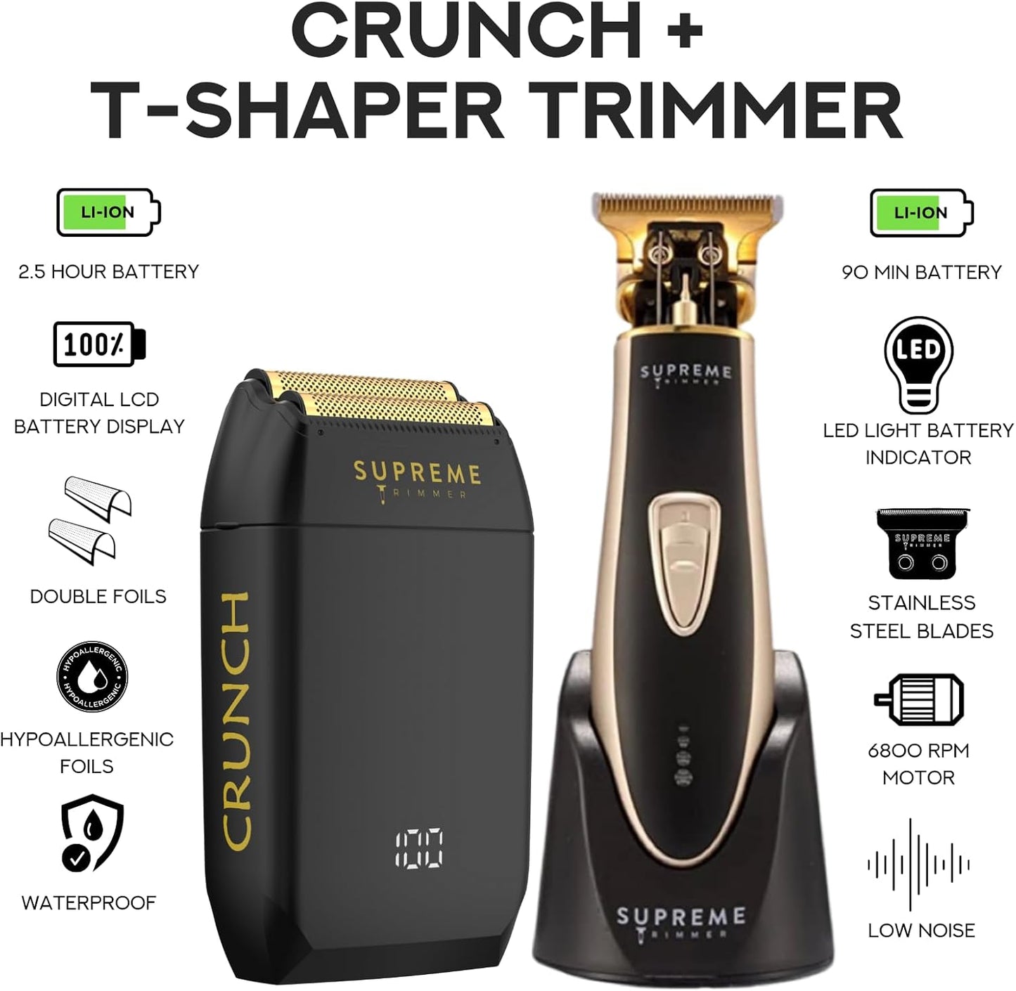 Supreme Trimmer 2-in-1 T-Shaper & Crunch Foil Shaver | Electric Razor & Beard Trimmer Kit - Gold