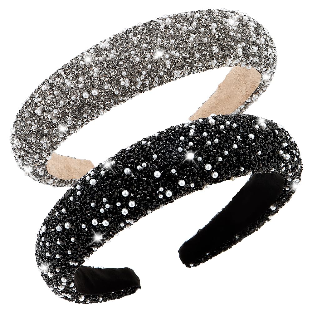 AHONEY 2 Pack Rhinestone Headband Women Girls Thick Padded Headband, Sequin Beaded Pearls Head Band Glitter Cute Headband Birthday Prom Hair Accessories For Women Girls (Black&Grey)