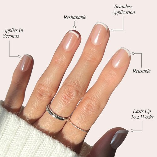Glamnetic Press On Nails - La Perle | Salon Quality Semi-Transparent Squoval French Tips | 30 Nail Kit with Glue, 15 Sizes