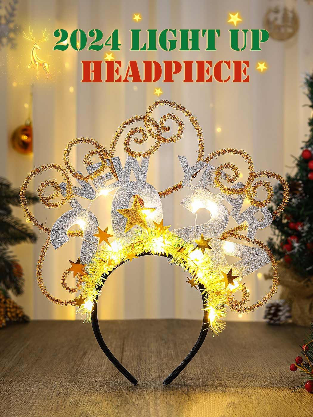 TWINKLEDE Light Up 2024 New Year Headband Green Glitter Hair Hoop Christmas Hair Bands for Women and Girls (Silver)