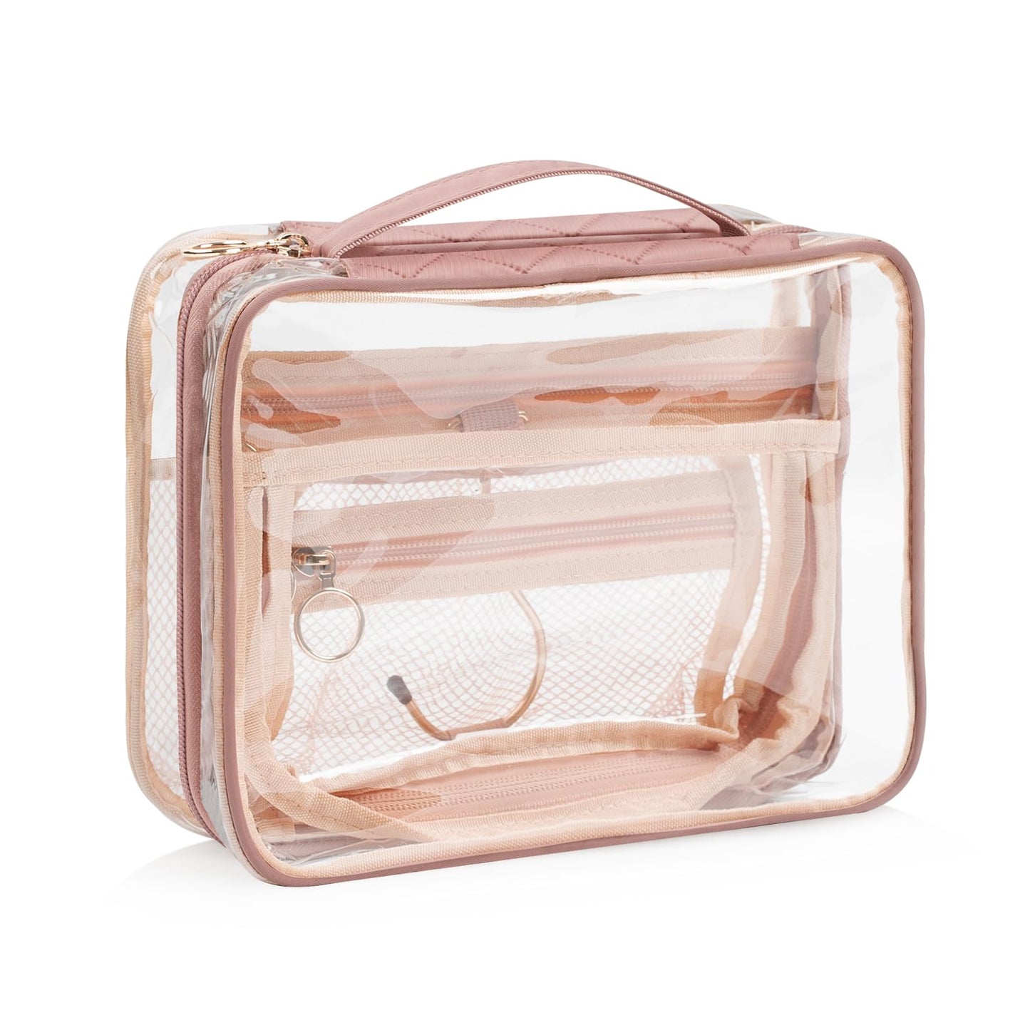 CUBETASTIC Clear Makeup Bag for Women, Transparent Cosmetic Organizer Case for Travelling, Hanging Toiletry Bag for Travel Essentials 3 Comparment Skincare Pouch with Potable Handle