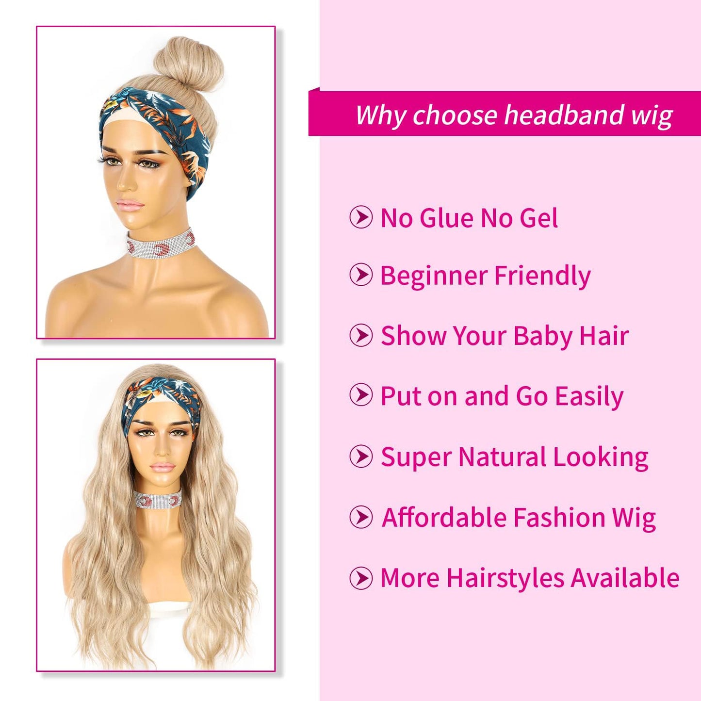 SAPPHIREWIGS Headband Wigs Synthetic Long Wavy Ash Blonde Color Wigs for Black Women Natural Looking High Density Glueless Synthetic Wig Heat Resistant 26inch