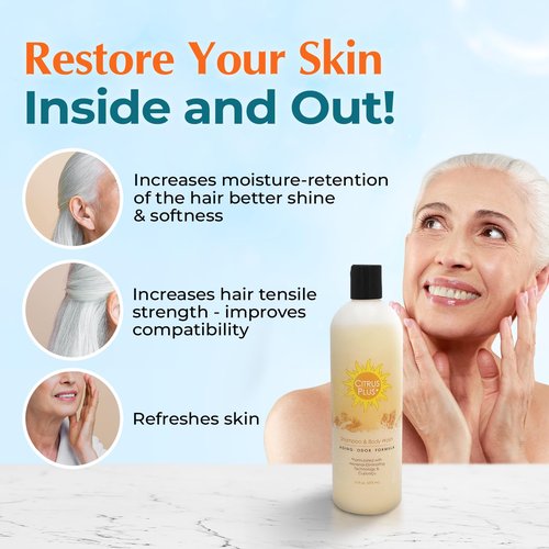 Deodorizing Citrus Plus Elder Shampoo and Body Wash by BoaVida with new leak-proof cap, Soap Made with Persimmon to Treat the Presence of Nonenal and Remove Old Person Smell, 16 oz