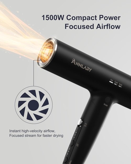 Annlary Hair Dryer - Ionic Blow Dryer with Diffuser for Curly Hair | Low Noise & Foldable Design | 6.5Ft Cord