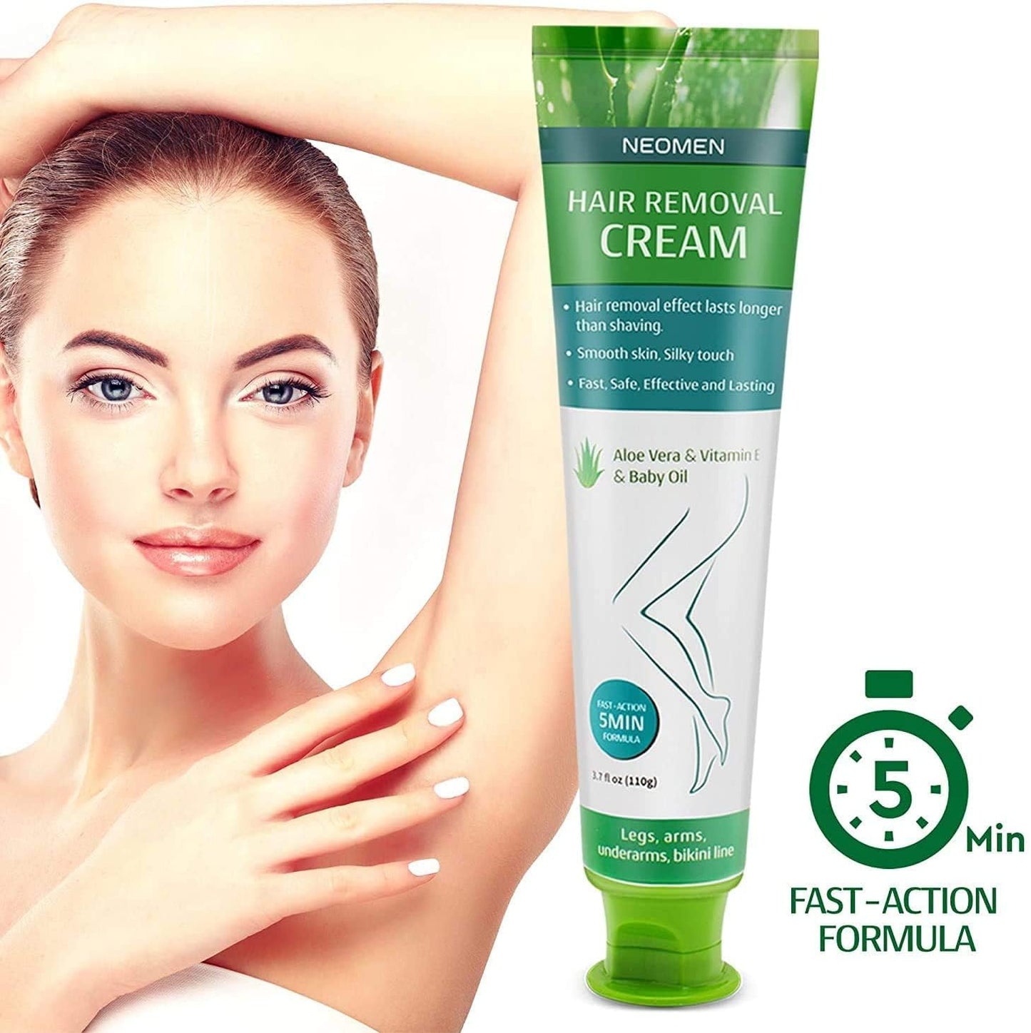 Neomen Hair Removal Cream for Men & Women : Painless Depilatory for Sensitive Skin & Intimate Areas, Moisturizing with Aloe Vera & Vitamin E, Safe for Face, Underarms, Bikini, Arms, Legs
