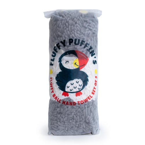 JJ KENT Fluffy Puffins Microfiber Hand Towels - Set of 3 Fluffy Hand Towels with Wall Hook Attachment - Quick and Easy Hand Drying Puffs