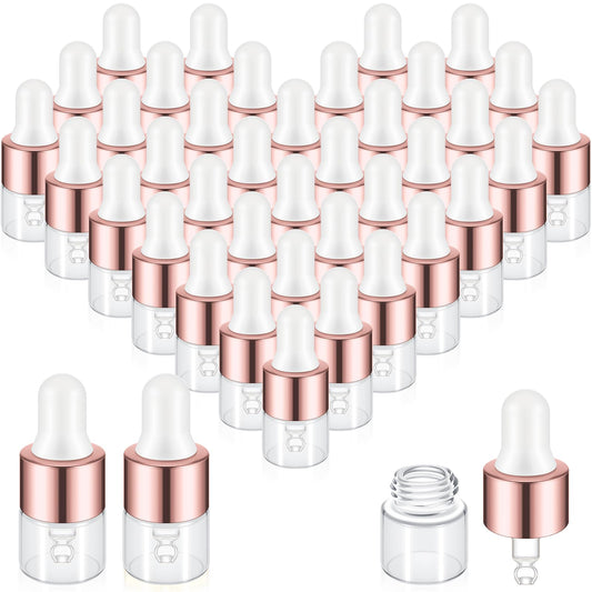 Didaey 100 Pcs Mini Glass Oil Dropper Bottle Bulk, 1 ml Rose Gold Clear Essential Small Empty Bottles Sample Containers Perfume Liquid Vials with Cap for Traveling