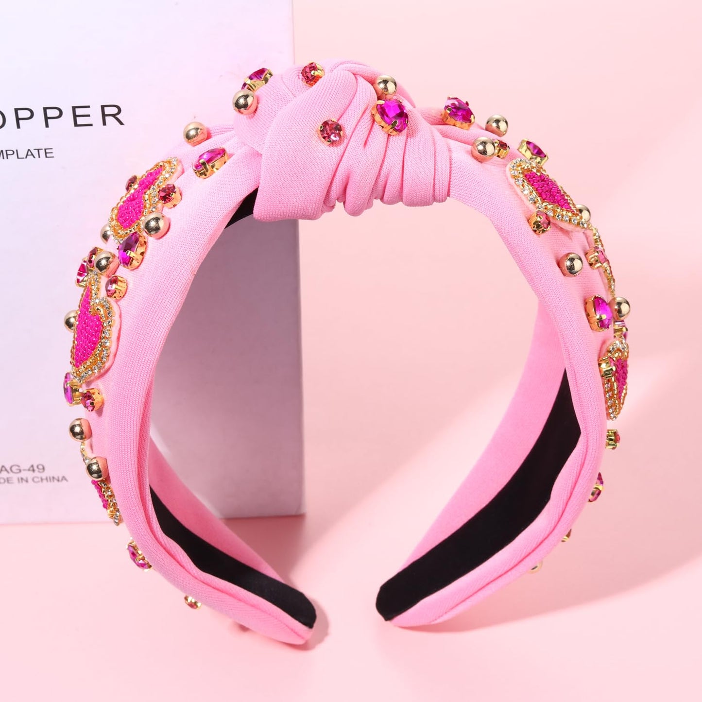 NVENF Women's Jeweled Crystal Rhinestone Knotted Headband - Red Pink Wide Top Knot Hair Accessory Gift