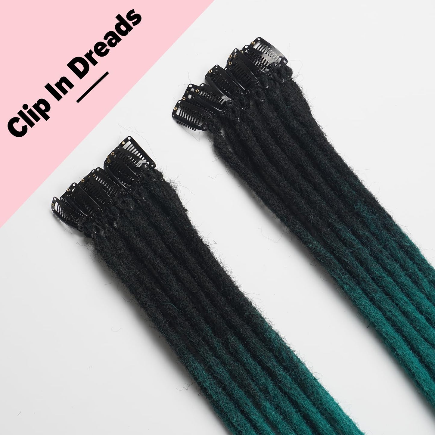 Kyriena Ombre Green Clip In Dreadlock Extensions, 6PCS Handmade Clip In Dreads Hair Extensions, 0.6cm Width Thin SE Hippie Fake Synthetic Dreadlock Extensions for Women