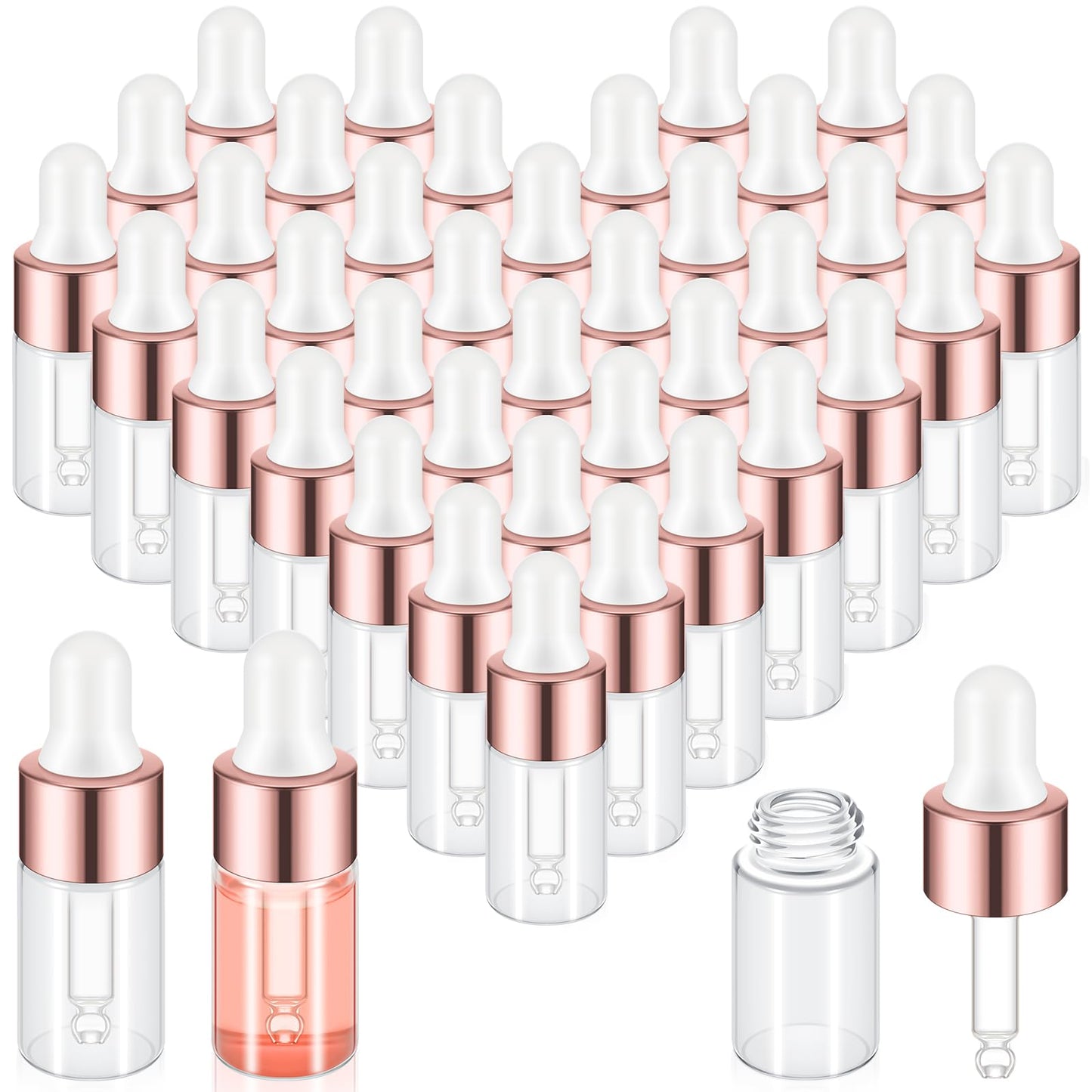 Didaey 100 Pcs Mini Glass Oil Dropper Bottle Bulk, 3 ml Rose Gold Clear Essential Small Empty Bottles Sample Containers Perfume Liquid Vials with Cap for Traveling