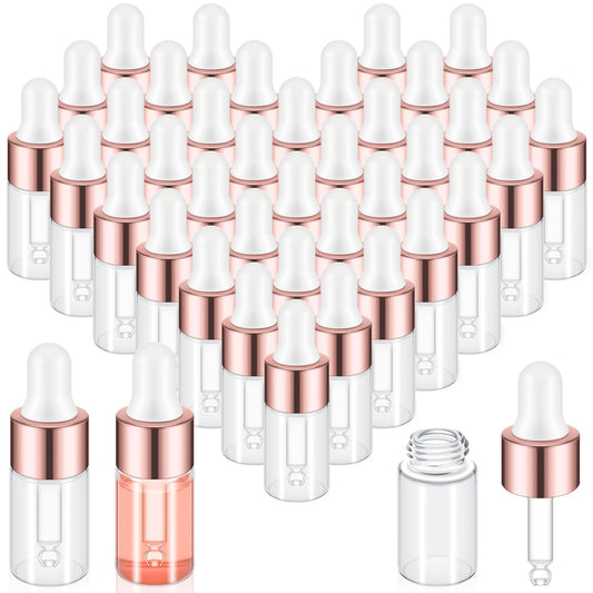 Didaey 100 Pcs Mini Glass Oil Dropper Bottle Bulk, 3 ml Rose Gold Clear Essential Small Empty Bottles Sample Containers Perfume Liquid Vials with Cap for Traveling
