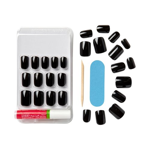 KISS Gel Fantasy Press-On Nails - 'Aim High' Black Squoval Shape | Includes 28 Nails & Glue