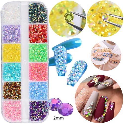 5 Boxes 13200pcs Sparkling Crystal Nail Rhinestones Pearls Kit, Flatback Multicolor Transparent Jelly AB Mermaid Gems with Pick Up Pen and Curved Tweezers for Manicure Salon & Craft DIY Designs (2mm)