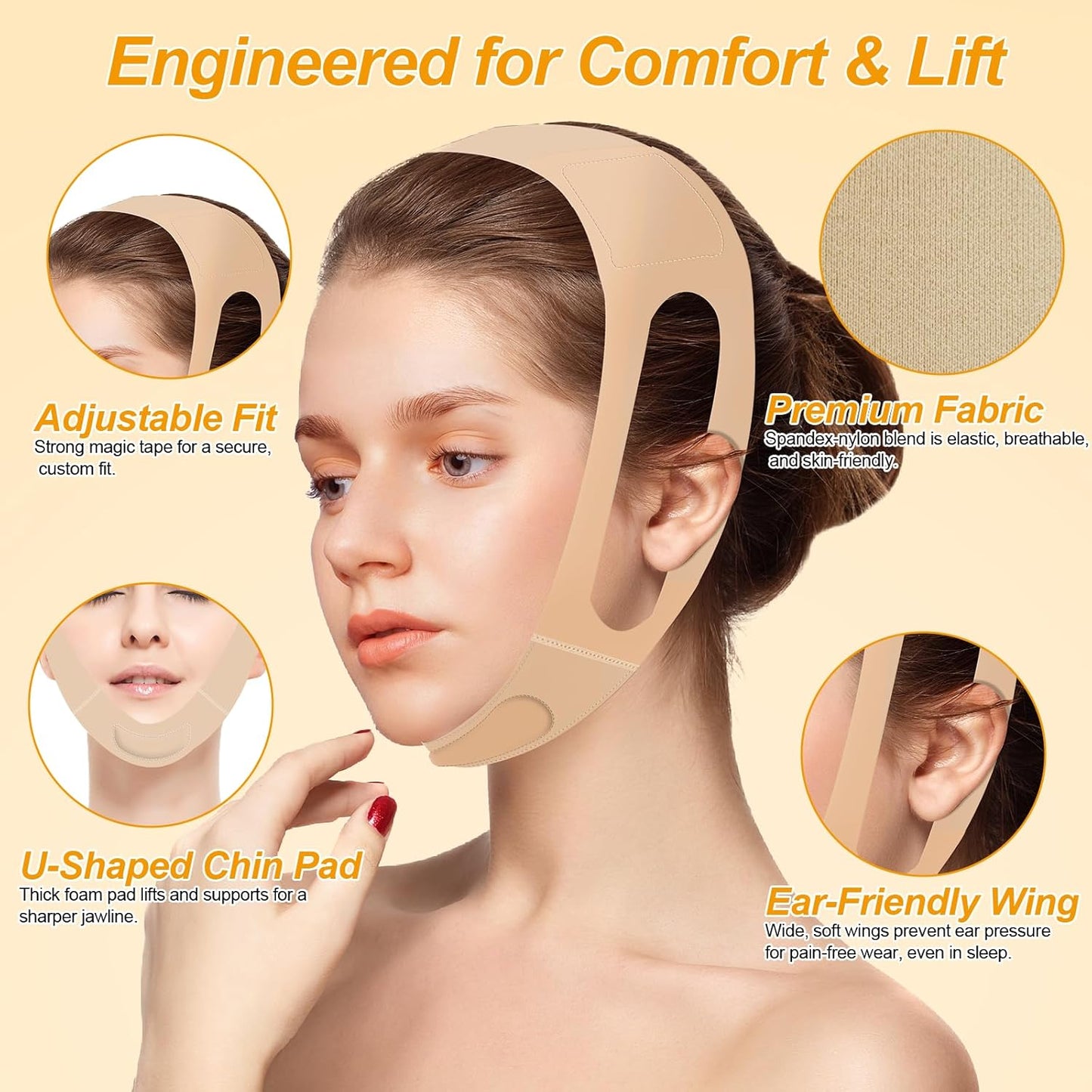 V Line Lifting Mask - Ear-Friendly Design & Chin Strap for Double Chin Support | Reusable U-Shaped Face Slimming Strap