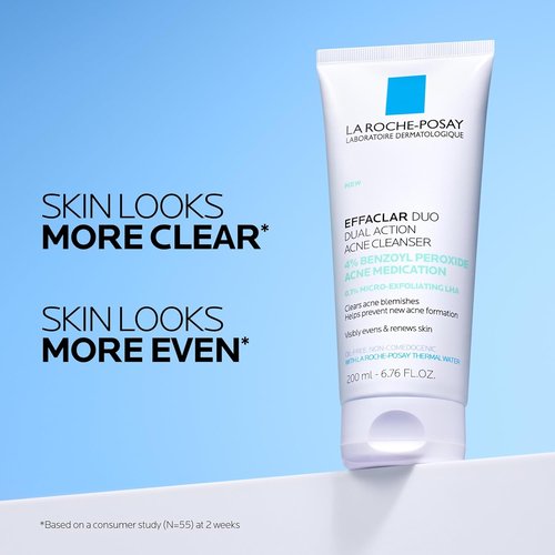 La Roche-Posay Effaclar Dual Acne Face Wash With 4% Benzoyl Peroxide & LHA Exfoliant, Acne Treatment Help Clear & Prevent Blemishes, Paraben Free & Oil Free Wash, 6.76 Fl Oz