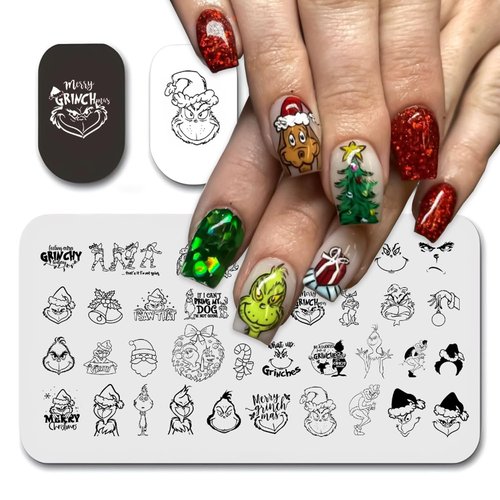 Christmas Nail Stamping Plate Funny Monster Cute Puppy Nail Art Stamp Plates Winter Holiday Nail Stamping Plate Xmas Bell Candy Cane Nail Art Stamping Template for Women Girls DIY Salon 1 Pcs