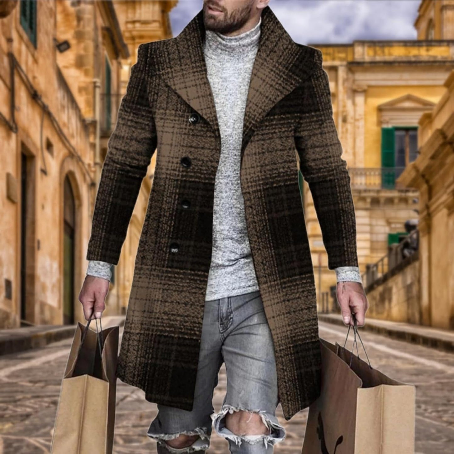 BIVENANT Men's Wool Blend Peacoat - Thermal Single Breasted Design | Casual Notched Collar Top Coat