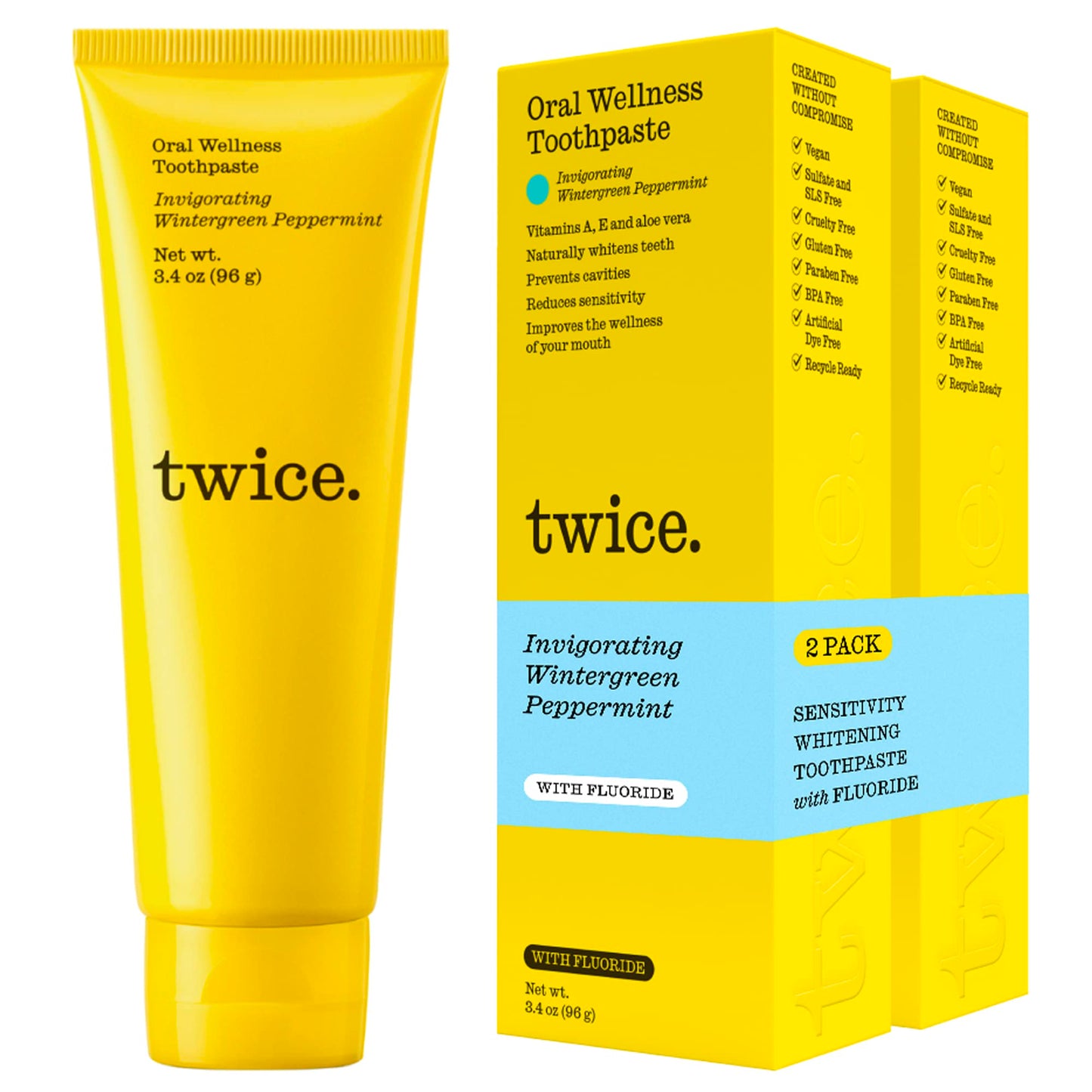 Twice Toothpaste - Sensitive Teeth Whitening Toothpaste - SLS Free Toothpaste with Fluoride and Cavity Protection - (Wintergreen and Peppermint Toothpaste) (2-Pack)